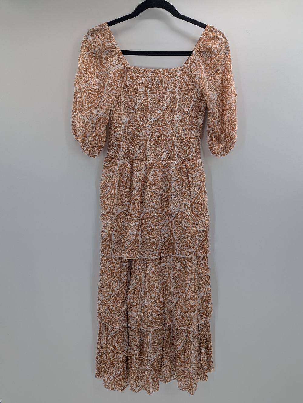 Boho Floral Tiered Maxi Dress Smocked Puff Sleeves Small Paisley Cottage Prairie